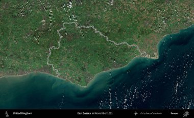 Doğu Sussex. Kasım 2022 'de çekilen Kopernik Nöbetçi karolarından oluşan bir uydu görüntüsü üzerinde Birleşik Krallık' ın idari alanının ana hatlarını belirledik.
