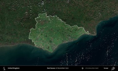 Doğu Sussex. Birleşik Krallık 'ın idari alanı, Kasım 2022' de çekilen Kopernik Nöbetçi karolarından oluşan koyu renkli bir uydu görüntüsü üzerinde vurgulandı ve özetlendi.
