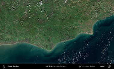 Doğu Sussex. Kopernik Sentinel 'in Kasım 2022' de çekilmiş uydu görüntüsü üzerinde Birleşik Krallık 'ın idari alanı