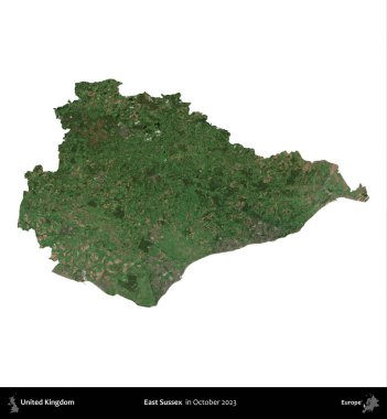 Doğu Sussex. Birleşik Krallık 'ın idari alanı, Ekim 2023' te çekilen Kopernik Nöbetçi karolarından oluşan bir uydu görüntüsüyle beyaza izole edildi.