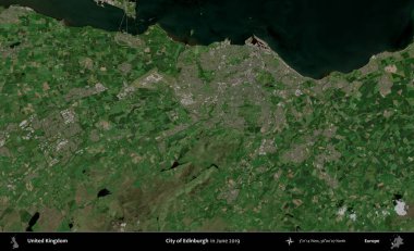 Edinburgh şehri. Haziran 2019 'da çekilen Kopernik Nöbetçi karolarından oluşan bir uydu görüntüsü üzerinde Birleşik Krallık' ın idari alanı