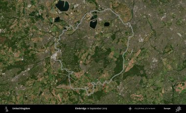 Elmbridge 'de. Eylül 2019 'da çekilen Kopernik Nöbetçi karolarından oluşan bir uydu görüntüsü üzerinde Birleşik Krallık' ın idari alanının ana hatlarını belirledik.