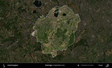 Elmbridge 'de. Birleşik Krallık 'ın idari alanı, Eylül 2019' da çekilen Kopernik Nöbetçi karolarından oluşan koyu renkli bir uydu görüntüsü üzerinde vurgulandı ve özetlendi.