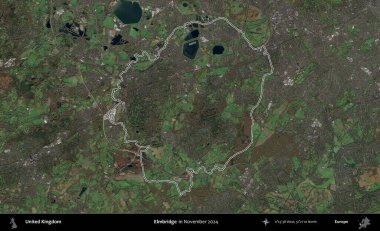 Elmbridge 'de. Kasım 2024 'te çekilen Kopernik Nöbetçi karolarından oluşan bir uydu görüntüsü üzerinde Birleşik Krallık' ın idari bölgesinin ana hatlarını belirledik.