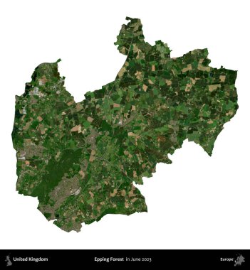 Epping Ormanı. Birleşik Krallık 'ın idari alanı, Haziran 2023' te çekilen Kopernik Nöbetçi karolarından oluşan bir uydu görüntüsü üzerinde beyaza izole edilmiştir.