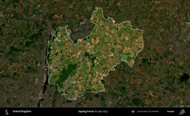 Epping Ormanı. Birleşik Krallık 'ın idari alanı, Temmuz 2023' te çekilen Kopernik Nöbetçi karolarından oluşan koyu renkli bir uydu görüntüsüyle vurgulanmış ve özetlenmiştir.