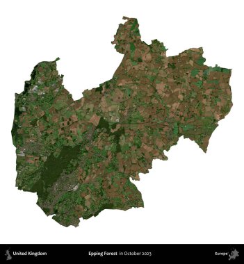 Epping Ormanı. Birleşik Krallık 'ın idari alanı, Ekim 2023' te çekilen Kopernik Nöbetçi karolarından oluşan bir uydu görüntüsüyle beyaza izole edildi.