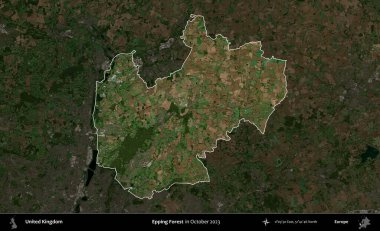 Epping Ormanı. Birleşik Krallık 'ın idari alanı, Ekim 2023' te çekilen Kopernik Nöbetçi karolarından oluşan koyu renkli bir uydu görüntüsü üzerinde vurgulandı ve özetlendi.