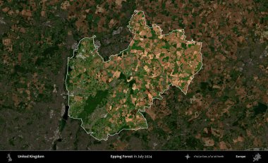 Epping Ormanı. Birleşik Krallık 'ın idari alanı, Temmuz 2024' te çekilen Kopernik Nöbetçi karolarından oluşan koyu renkli bir uydu görüntüsü üzerinde vurgulandı ve özetlendi.