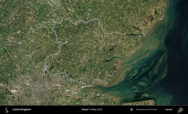 Essex. Mayıs 2020 'de çekilen Copernicus Sentinel karolarından oluşan bir uydu görüntüsü üzerinde Birleşik Krallık' ın idari bölgesini özetledik.