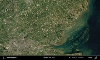 Essex. Mayıs 2020 'de Copernicus Sentinel karolarından oluşan bir uydu görüntüsü üzerinde Birleşik Krallık' ın idari alanı