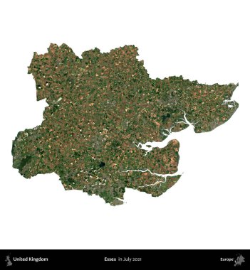 Essex. Birleşik Krallık 'ın idari alanı, Temmuz 2021' de çekilen Kopernik Nöbetçi karolarından oluşan bir uydu görüntüsü ile beyaza izole edilmiştir.
