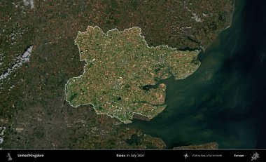 Essex. Birleşik Krallık 'ın idari alanı, Temmuz 2021' de çekilen Kopernik Nöbetçi karolarından oluşan koyu renkli bir uydu görüntüsü üzerinde vurgulandı ve özetlendi.