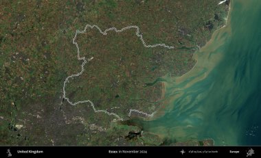 Essex. Kasım 2024 'te çekilen Kopernik Nöbetçi karolarından oluşan bir uydu görüntüsü üzerinde Birleşik Krallık' ın idari bölgesinin ana hatlarını belirledik.
