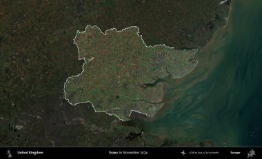 Essex. Birleşik Krallık 'ın idari alanı, Kasım 2024' te çekilen Kopernik Nöbetçi karolarından oluşan koyu renkli bir uydu görüntüsü üzerinde vurgulandı ve özetlendi.