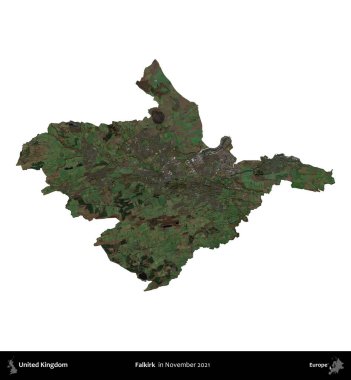 Falkirk. Birleşik Krallık 'ın idari alanı, Kasım 2021' de çekilen Kopernik Nöbetçi karolarından oluşan bir uydu görüntüsü üzerinde beyaza izole edilmiştir.