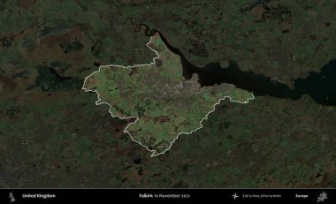 Falkirk. Birleşik Krallık 'ın idari alanı, Kasım 2021' de çekilen Kopernik Nöbetçi karolarından oluşan koyu renkli bir uydu görüntüsü üzerinde vurgulandı ve özetlendi.