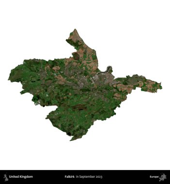 Falkirk. Birleşik Krallık 'ın idari alanı, Eylül 2023' te çekilen Kopernik Nöbetçi karolarından oluşan bir uydu görüntüsü üzerinde beyaza izole edildi.