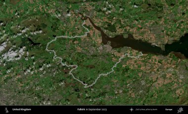 Falkirk. Eylül 2023 'te çekilen Kopernik Nöbetçi karolarından oluşan bir uydu görüntüsü üzerinde Birleşik Krallık' ın idari bölgesinin ana hatlarını belirledik.