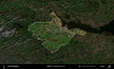 Falkirk. Birleşik Krallık 'ın idari alanı, Eylül 2023' te çekilen Kopernik Nöbetçi karolarından oluşan koyu renkli bir uydu görüntüsü üzerinde vurgulandı ve özetlendi.