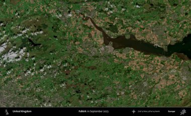 Falkirk. Eylül 2023 'te Copernicus Sentinel karolarından oluşan bir uydu görüntüsü üzerinde Birleşik Krallık' ın idari alanı