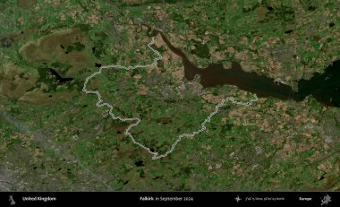 Falkirk. Eylül 2024 'te çekilen Kopernik Nöbetçi karolarından oluşan bir uydu görüntüsü üzerinde Birleşik Krallık' ın idari bölgesinin ana hatlarını belirledik.