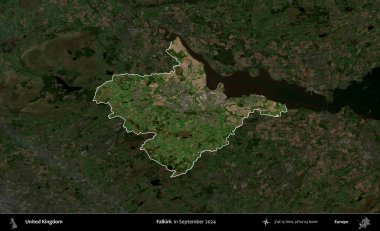 Falkirk. Birleşik Krallık 'ın idari alanı, Eylül 2024' te çekilen Kopernik Nöbetçi karolarından oluşan koyu renkli bir uydu görüntüsü üzerinde vurgulandı ve özetlendi.