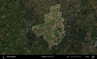 Fenland. Birleşik Krallık 'ın idari alanı, Mayıs 2020' de çekilen Kopernik Nöbetçi karolarından oluşan koyu renkli bir uydu görüntüsü üzerinde vurgulandı ve özetlendi.
