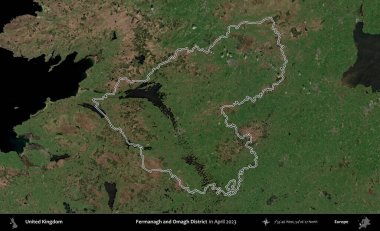 Fermanagh ve Omagh Bölgesi. Nisan 2023 'te çekilen Kopernik Nöbetçi karolarından oluşan bir uydu görüntüsü üzerinde Birleşik Krallık' ın idari alanının ana hatlarını belirledik.