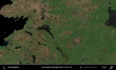 Fermanagh ve Omagh Bölgesi. Nisan 2023 'te çekilen Kopernik Nöbetçi karolarından oluşan bir uydu görüntüsü üzerinde Birleşik Krallık' ın idari alanı