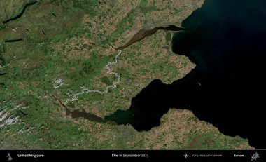 Fife. Eylül 2023 'te çekilen Kopernik Nöbetçi karolarından oluşan bir uydu görüntüsü üzerinde Birleşik Krallık' ın idari bölgesinin ana hatlarını belirledik.