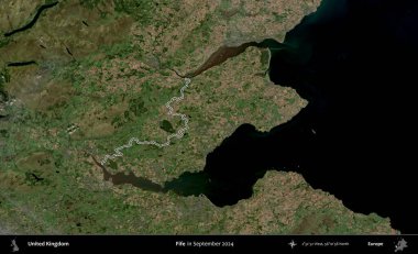 Fife. Eylül 2024 'te çekilen Kopernik Nöbetçi karolarından oluşan bir uydu görüntüsü üzerinde Birleşik Krallık' ın idari bölgesinin ana hatlarını belirledik.