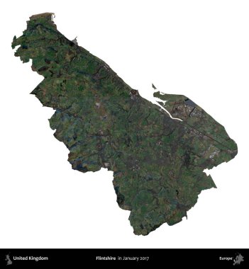 Flintshire 'da. Birleşik Krallık 'ın idari alanı, Copernicus Sentinel' in Ocak 2017 'de çekilmiş uydu görüntüsü ile beyaza izole edilmiştir.