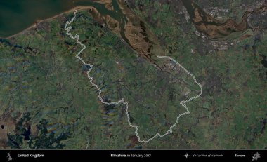 Flintshire 'da. Ocak 2017 'de çekilen Kopernik Nöbetçi karolarından oluşan bir uydu görüntüsü üzerinde Birleşik Krallık' ın idari alanının ana hatlarını belirledik.