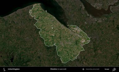 Flintshire 'da. Birleşik Krallık 'ın idari alanı, Haziran 2018' de çekilen Kopernik Nöbetçi karolarından oluşan koyu renkli bir uydu görüntüsü üzerinde vurgulandı ve özetlendi.