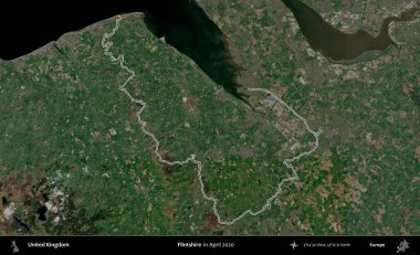 Flintshire 'da. Nisan 2020 'de çekilen Kopernik Nöbetçi karolarından oluşan bir uydu görüntüsü üzerinde Birleşik Krallık' ın idari alanının ana hatlarını belirledik.