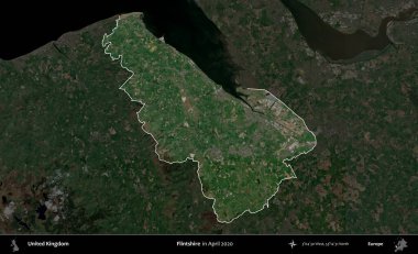 Flintshire 'da. Birleşik Krallık 'ın idari alanı, Nisan 2020' de çekilen Kopernik Nöbetçi karolarından oluşan koyu renkli bir uydu görüntüsü üzerinde vurgulandı ve özetlendi.