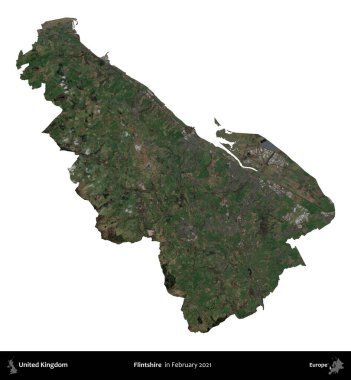 Flintshire 'da. Birleşik Krallık 'ın idari alanı, Şubat 2021' de çekilen Kopernik Nöbetçi karolarından oluşan bir uydu görüntüsü üzerinde beyaza izole edilmiştir.