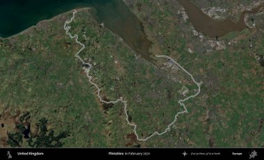 Flintshire 'da. Şubat 2021 'de çekilen Kopernik Nöbetçi karolarından oluşan bir uydu görüntüsü üzerinde Birleşik Krallık' ın idari alanının ana hatlarını belirledik.