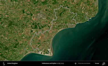 Folkestone ve Hythe. Temmuz 2023 'te çekilen Copernicus Sentinel karolarından oluşan bir uydu görüntüsü üzerinde Birleşik Krallık' ın idari bölgesinin ana hatlarını belirledik.