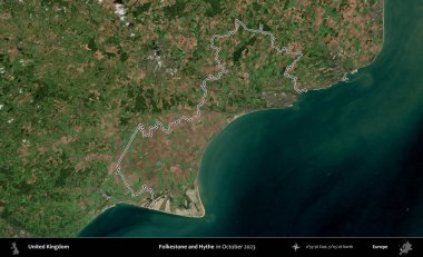 Folkestone ve Hythe. Ekim 2023 'te çekilen Kopernik Nöbetçi karolarından oluşan bir uydu görüntüsü üzerinde Birleşik Krallık' ın idari alanının ana hatlarını belirledik.