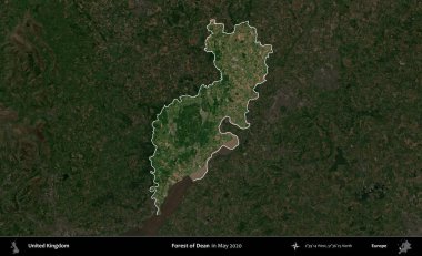Dean Ormanı. Birleşik Krallık 'ın idari alanı, Mayıs 2020' de çekilen Kopernik Nöbetçi karolarından oluşan koyu renkli bir uydu görüntüsü üzerinde vurgulandı ve özetlendi.