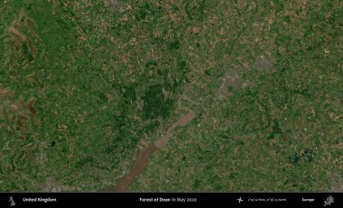 Dean Ormanı. Mayıs 2020 'de Copernicus Sentinel karolarından oluşan bir uydu görüntüsü üzerinde Birleşik Krallık' ın idari alanı