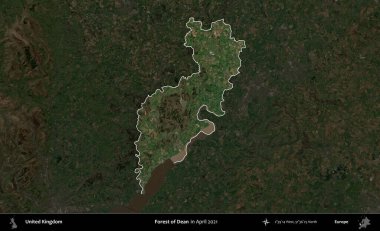 Dean Ormanı. Birleşik Krallık 'ın idari alanı, Nisan 2021' de çekilen Kopernik Nöbetçi karolarından oluşan koyu renkli bir uydu görüntüsü üzerinde vurgulandı ve özetlendi.