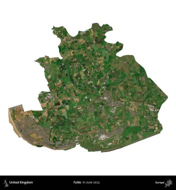 Fylde. Birleşik Krallık 'ın idari alanı, Haziran 2023' te çekilen Kopernik Nöbetçi karolarından oluşan bir uydu görüntüsü üzerinde beyaza izole edilmiştir.