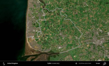 Fylde. Haziran 2023 'te çekilen Kopernik Nöbetçi karolarından oluşan bir uydu görüntüsü üzerinde Birleşik Krallık' ın idari alanının ana hatlarını belirledik.