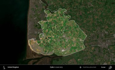 Fylde. Birleşik Krallık 'ın idari alanı, Haziran 2023' te çekilen Kopernik Nöbetçi karolarından oluşan koyu renkli bir uydu görüntüsüyle vurgulanmış ve özetlenmiştir.