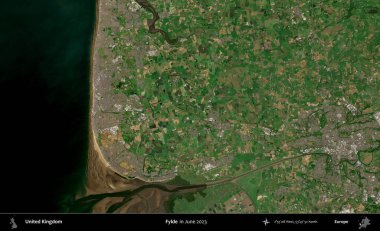 Fylde. Haziran 2023 'te çekilen Kopernik Nöbetçi karolarından oluşan bir uydu görüntüsü üzerinde Birleşik Krallık' ın idari alanı
