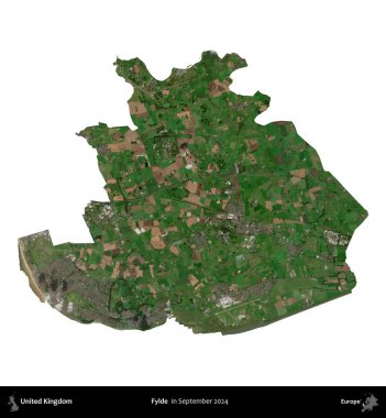 Fylde. Birleşik Krallık 'ın idari alanı, Eylül 2024' te çekilen Kopernik Nöbetçi karolarından oluşan bir uydu görüntüsü üzerinde beyaza izole edilmiştir.