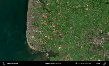 Fylde. Eylül 2024 'te Copernicus Sentinel karolarından oluşan bir uydu görüntüsü üzerinde Birleşik Krallık' ın idari alanı